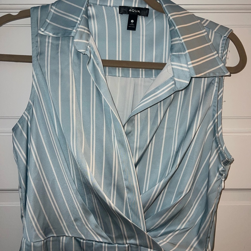 Aqua Sky Blue and White Striped Wrap Dress